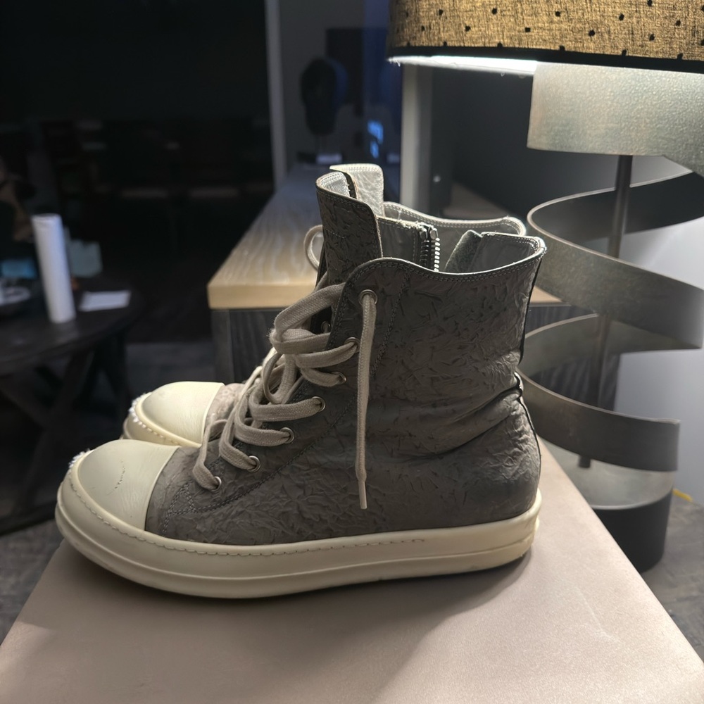 Rick Owens Gray and White High-Top Sneakers